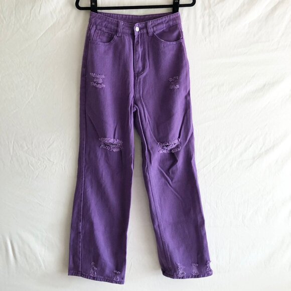 Shein Purple High Waist Jeans Distressed Wide Leg Size S - Picture 2 of 9